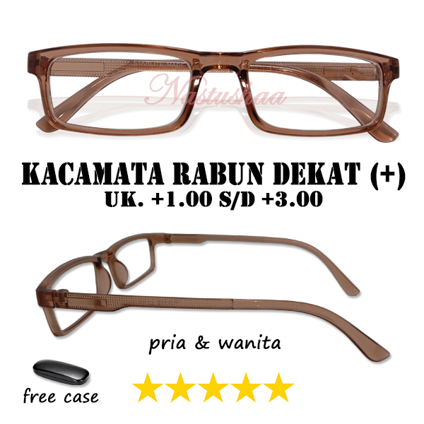 Kacamata Lensa Plus (+) Uk. +1.00 s/d +3.00 Bingkai Persegi Panjang Warna Coklat Rabun Dekat Untuk Pria dan Wanita FREECASE