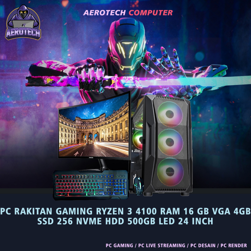 PC RAKITAN GAMING RYZEN 3 4100 | RAM 16 GB | VGA GTX 1650 4 GB | LED 24 INCH 75 HZ | SIAP EDITING DESAIN LIVE STREAMING