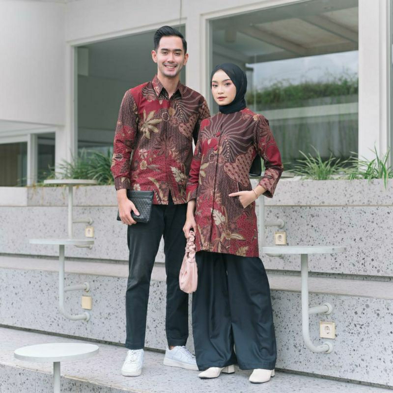 Batik pasangan couple sarimbit pria &amp; wanita batik ekslusif bahan katun lapis furing size reguler daun maron