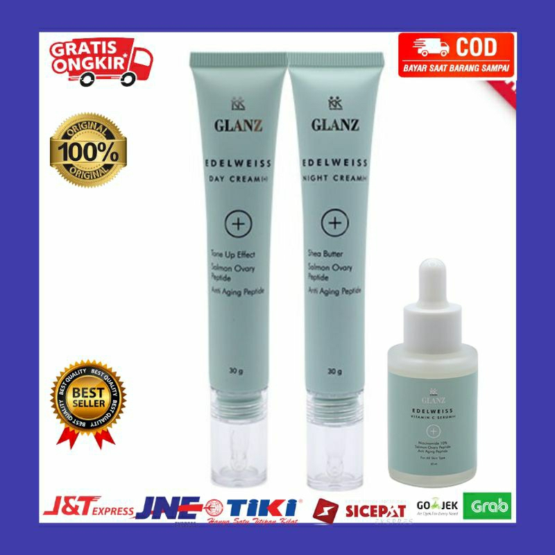 Glanz+ Glanz Plus Edelweis Skin Care Facial Foam Toner Day Night Cream Vitamin C Serum KK indonesia