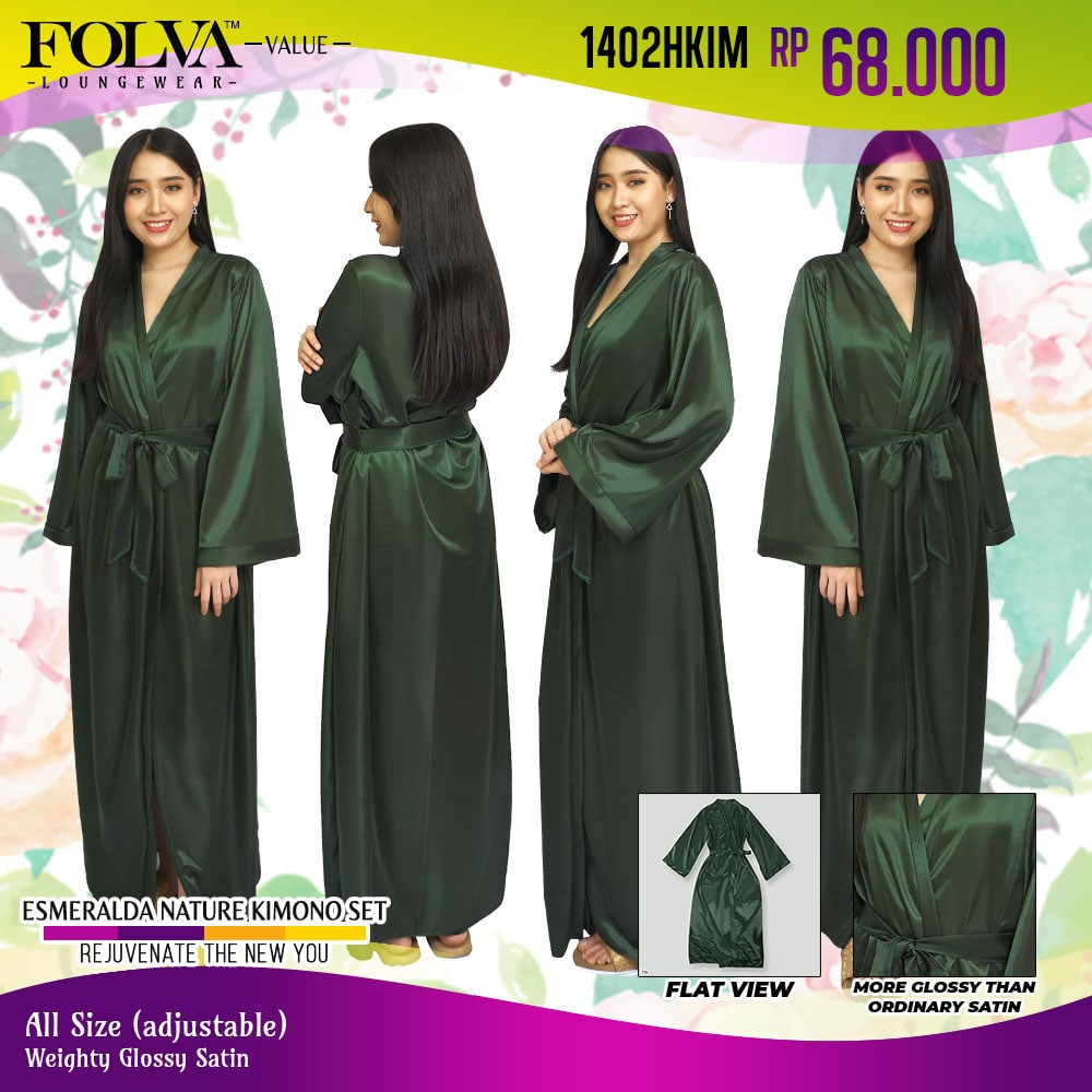 FOLVA kimono panjang bahan satin 1402HKIM hijau all size