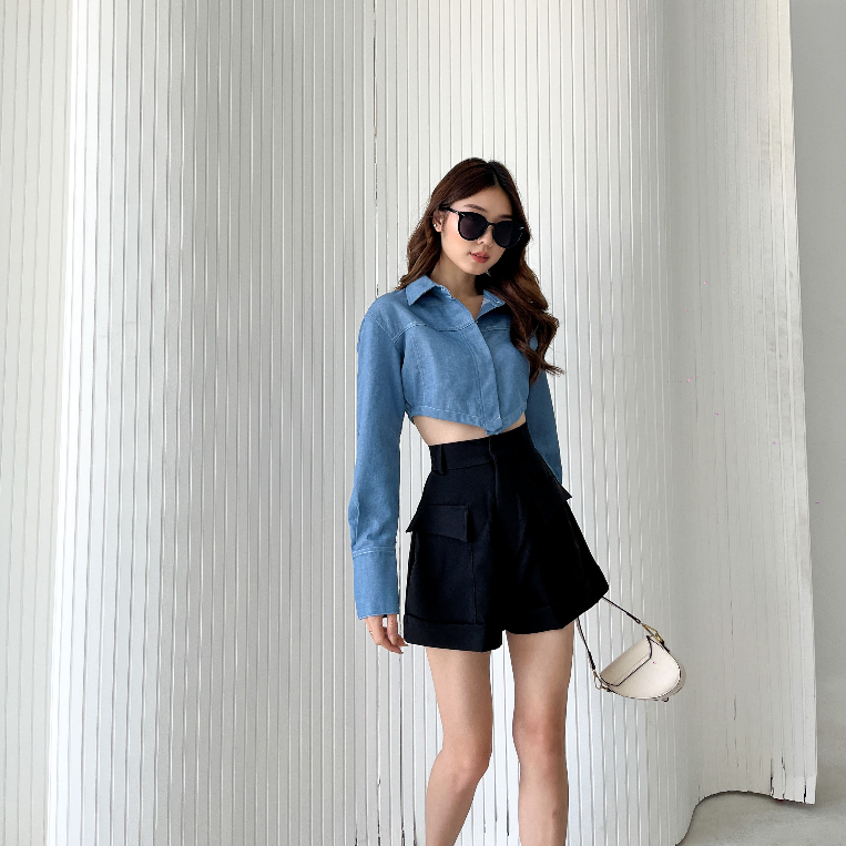 Vivien Denim Longsleeve Top / Kemeja Denim / Crop Top Casual / Blouse Korean