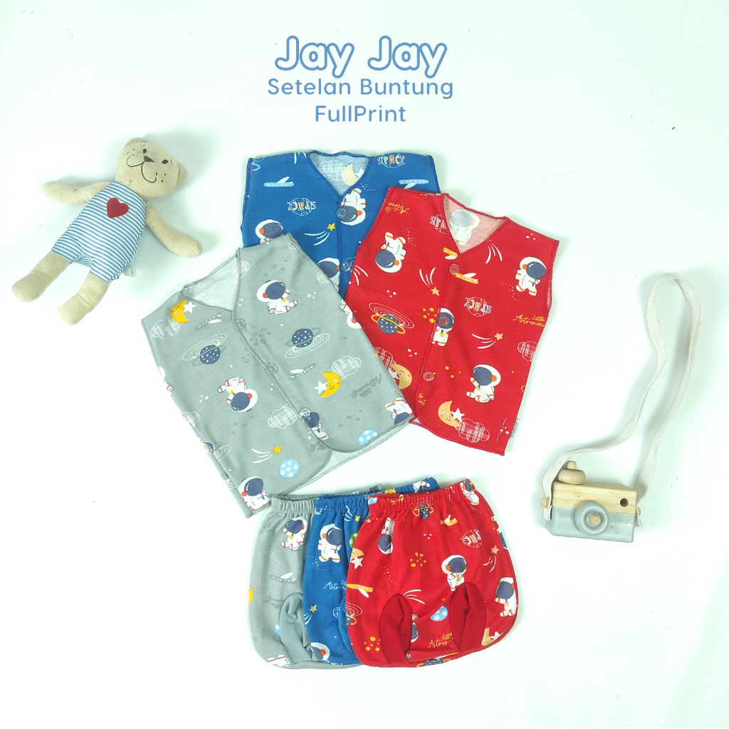JAYJAY BABY 3PCS ASTROUNOUT SETELAN TANPA LENGAN - SETELAN BUNTUNG BAYI FULL PRINT SIZE NEW BORN ISI 3 PASANG