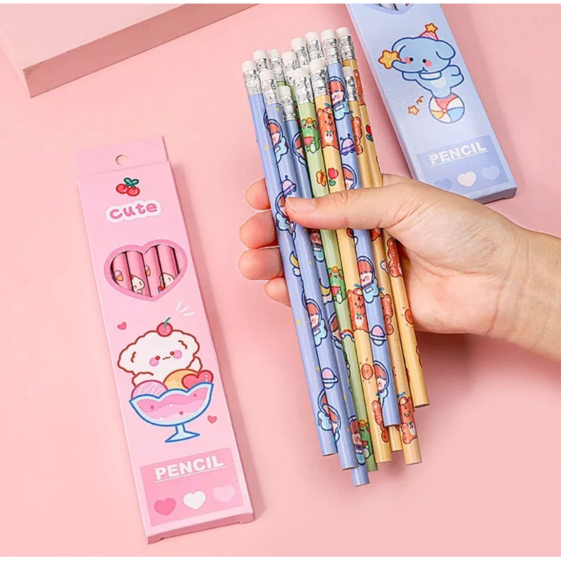 Pensil Gambar Karakter 1 Set isi 6 Dengan Penghapus / Alat Tulis Anak Lucu 6in1 / Pensil Bergambar Lucu