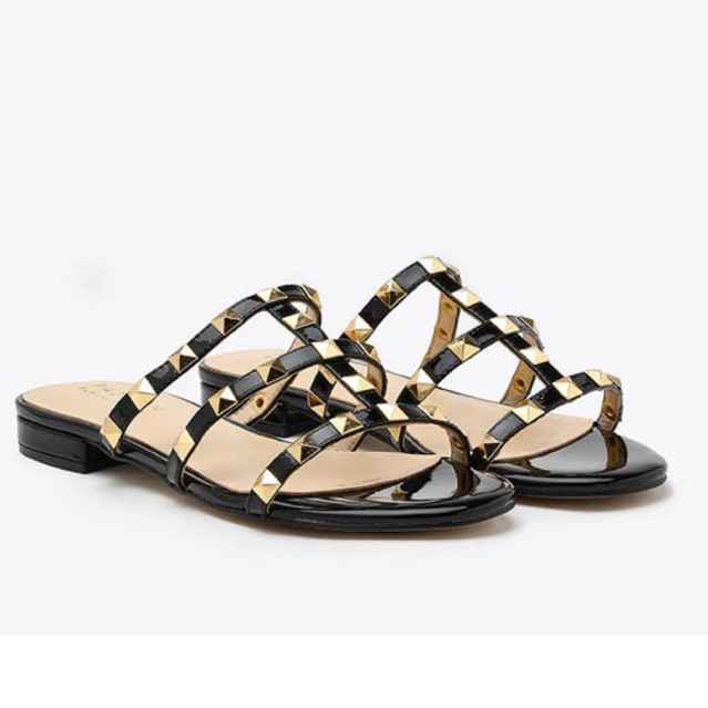 Pazzion Ingrid Gold Studded Cage Patent Leather Slides black