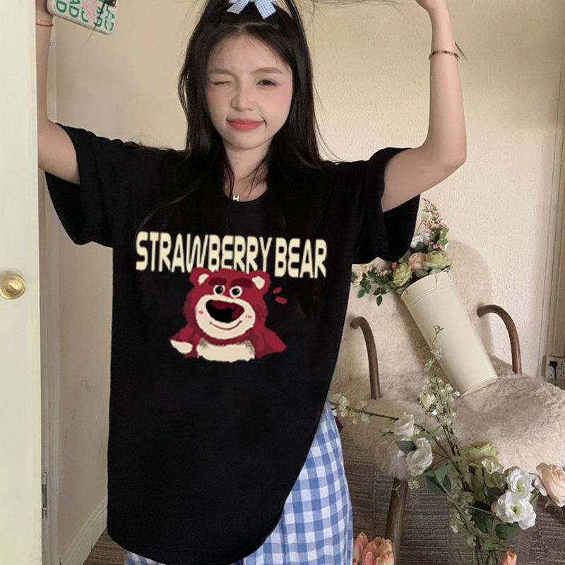 Korean Style Strawberry Bear Pattern Printing Lengan Pendek Kaos Oblong Wanita/Baju Kaos Wanita/baju kaos oversize wanita