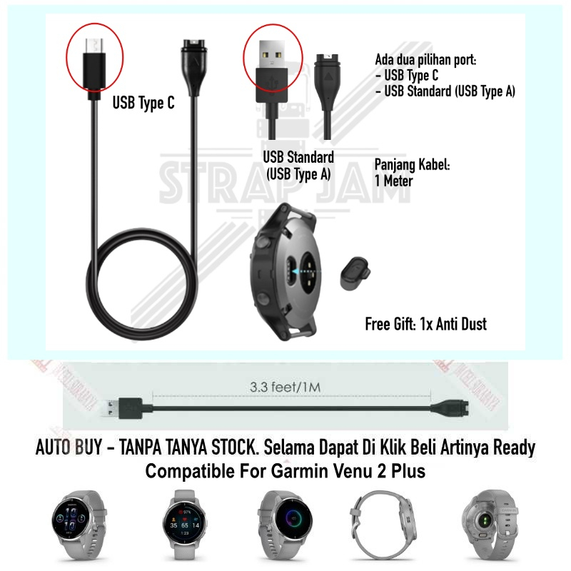 For Garmin Venu 2 Plus - Cable Kabel Charging Charge USB A / Type C