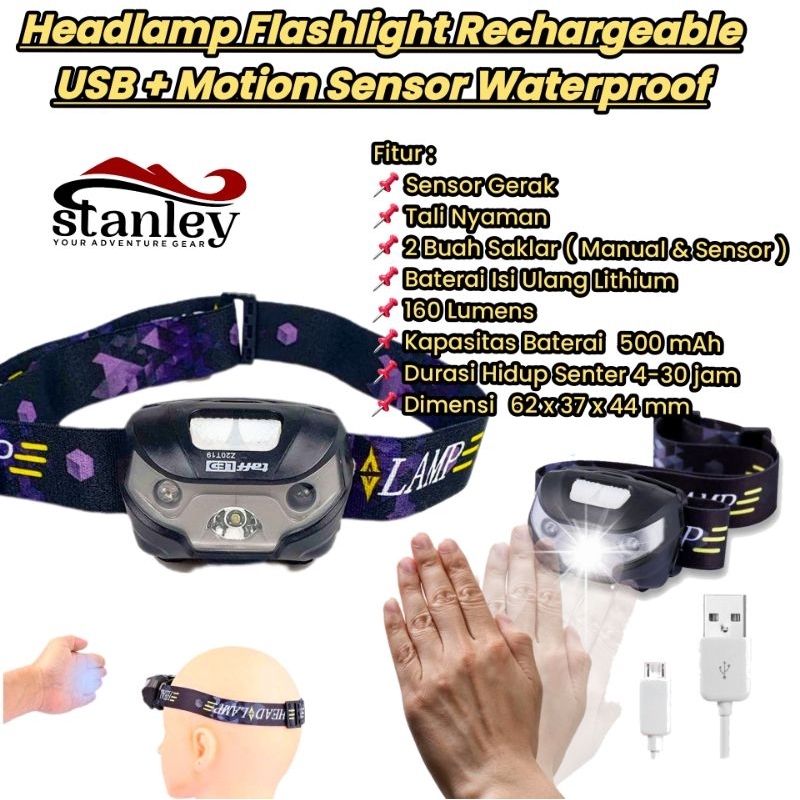 Headlamp Flashlight Rechargeable USB + Motion Sensor | Senter Kepala Outdoor | Senter Sensor , Headl