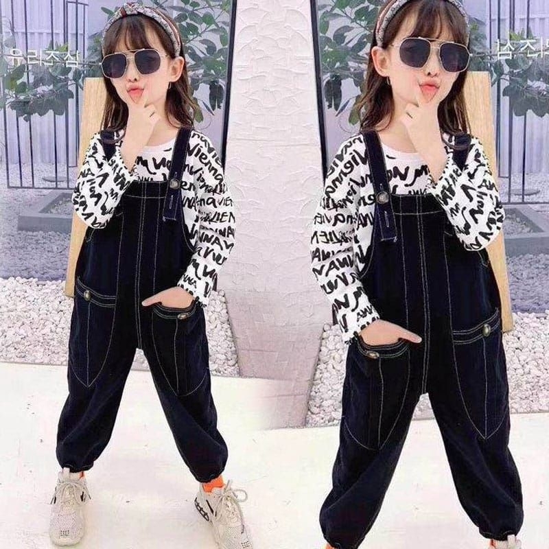 Setelan overall anak perempuan import 5 tahun - 13 tahun (baju+overall) baju overall anak perempuan 