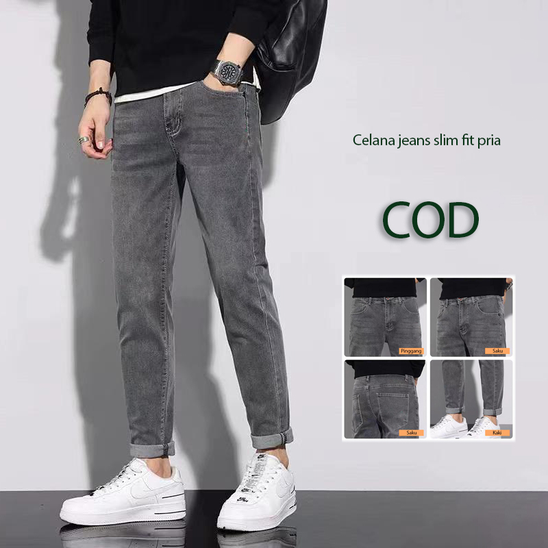 Celana jeans pria slimfit stretch hitam Abu jens skinny pensil celana denim dewasa laki laki panjang