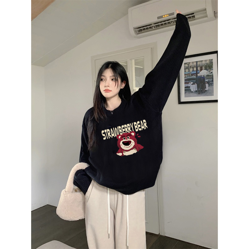 Kaos Stasan Wanita Oversize Couple Sweater American Vintage Bear Cartoon Graphic Priting Top Kekinian Casual Sweater