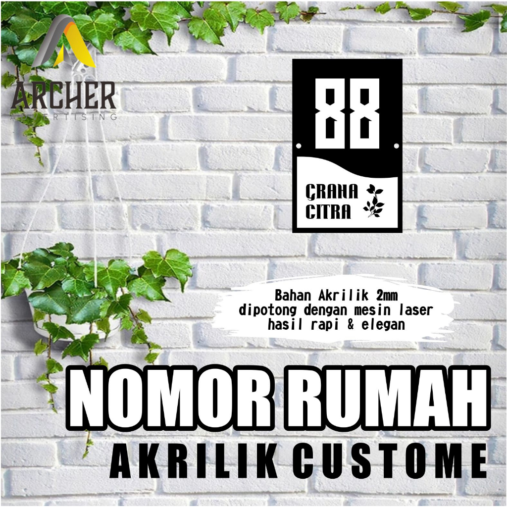 PAPAN NOMOR RUMAH AKRILIK HITAM / PUTIH UKURAN 20 X 13