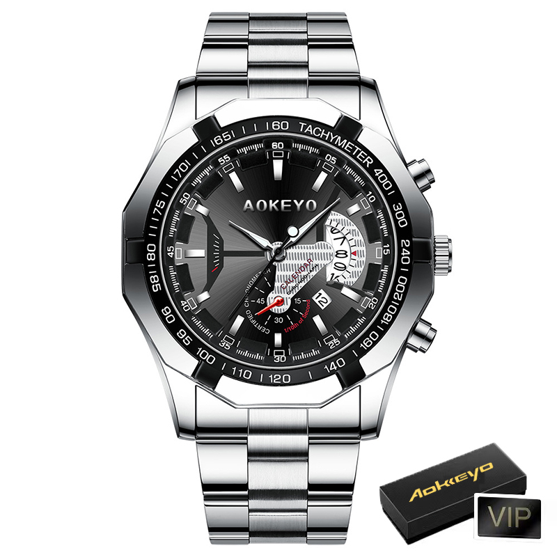 AOKEYO S001 Jam Tangan Pria Anti Air Original Luxury Stainless Steel COD Free BOX+Kartu-Silver Black-Aokeyo