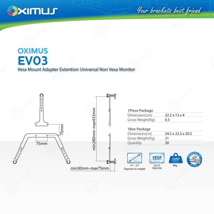 OXIMUS EV03 Vesa Mount Adapter Extention Universal Non Vesa Monitor