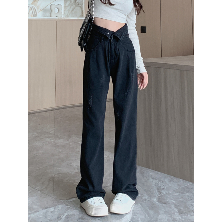 XIAOZHAINV Jeans High Waist Hitam Straight Loose Korean Style Celana Wanita 0740