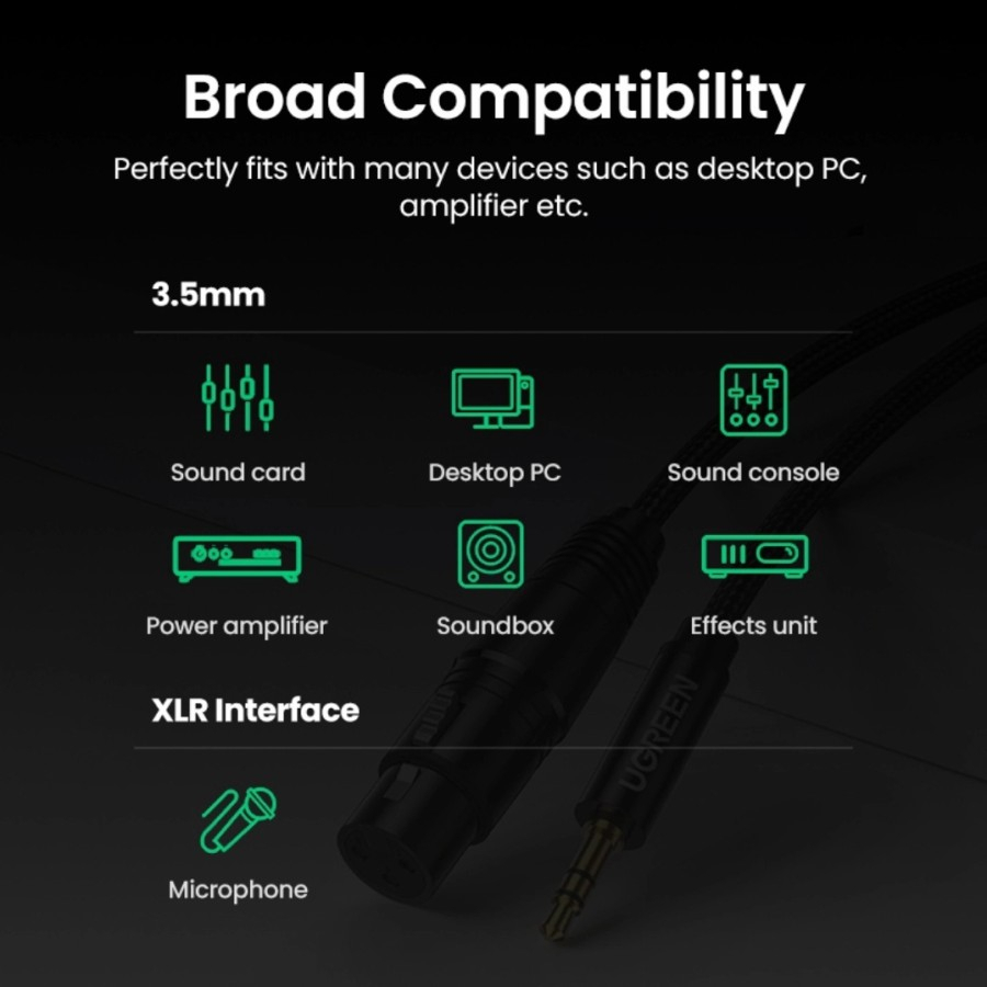UGREEN ORIGINAL Kabel Audio Jack 3.5mm Male to XLR Female Mic Microphone Sound Card Cable Gold Plated Ori