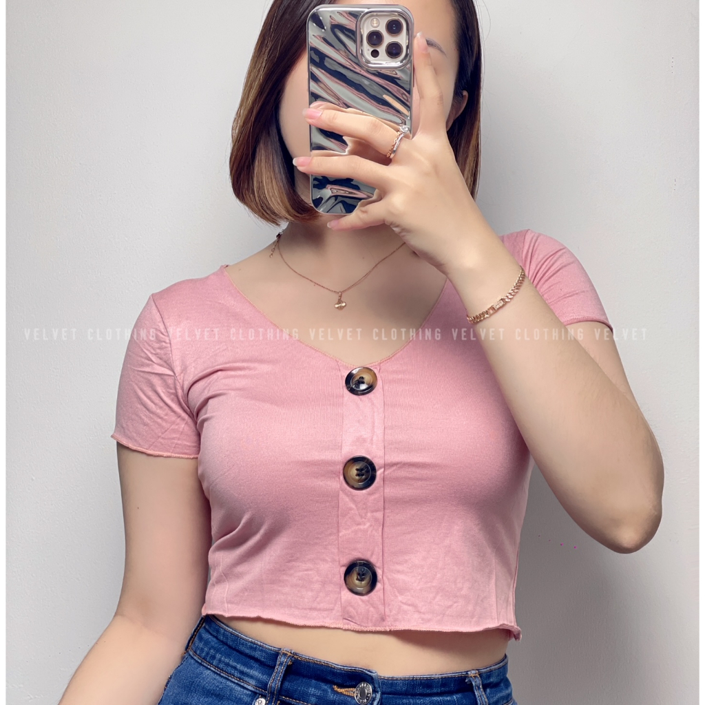 VELVET Atasan Crop Wanita Button / Kaos Neci Wanita / Crop Top Neci kancing / Baju crop wanita 3654