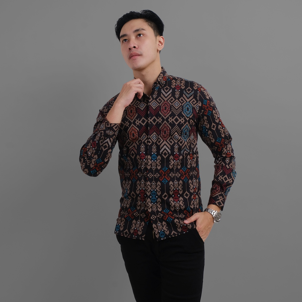 Maciku Kemeja batik songket pria lengan panjang hitam / baju batik cowok hitam 3635