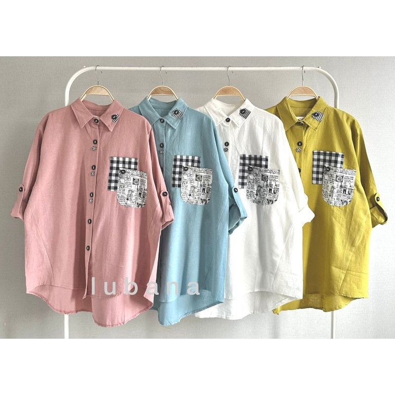 Atasan Kemeja JUMBO Katun Linen Import Polos Model Kotak Kecil Samping LuBaNa#6595