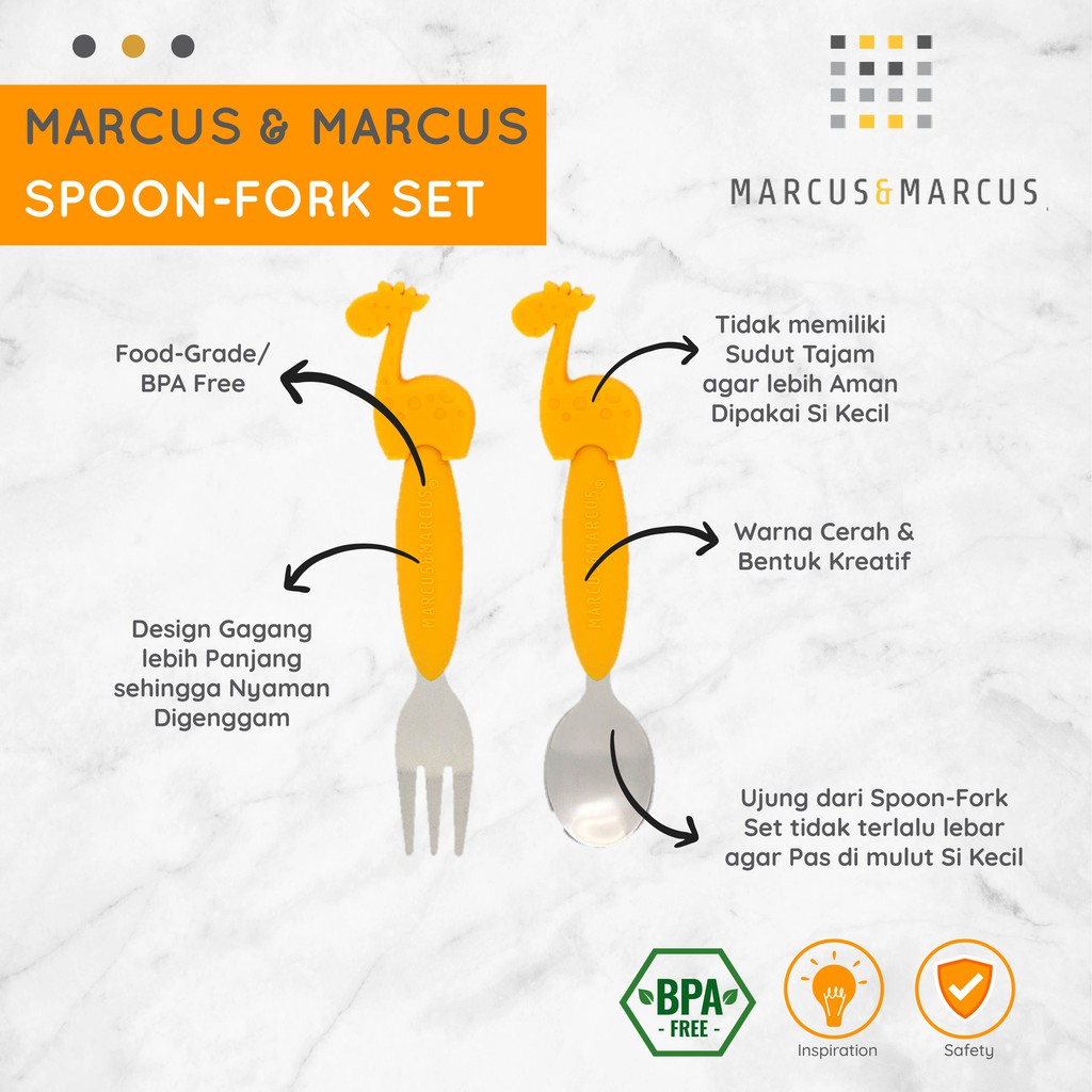 Marcus &amp; Marcus Spoon &amp; Fork Set (Yellow Giraffe) - Sendok Garpu Set Anak Balita MPASI