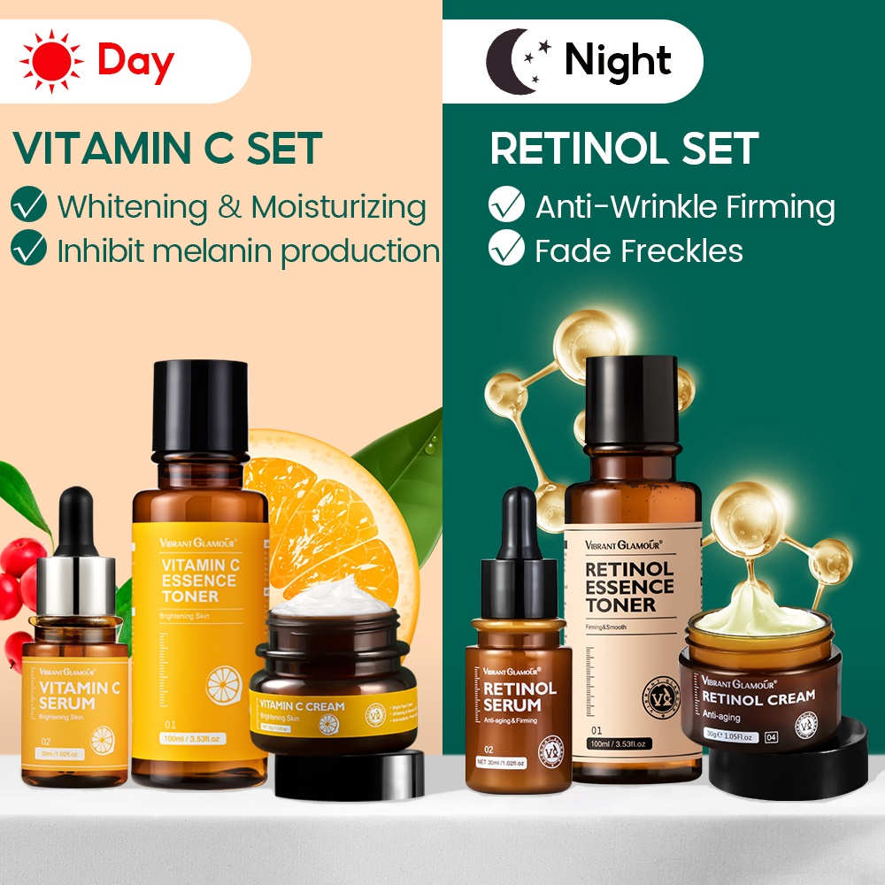 Vibrant Glamour Natural Advanced Retinol Cream Set Anti aging Memudarkan kerutan Night Cream Pelembab Wajah 30g Vit C Cream Pemutih Wajah Meringankan Flek Hitam Skincare Day Cream Set