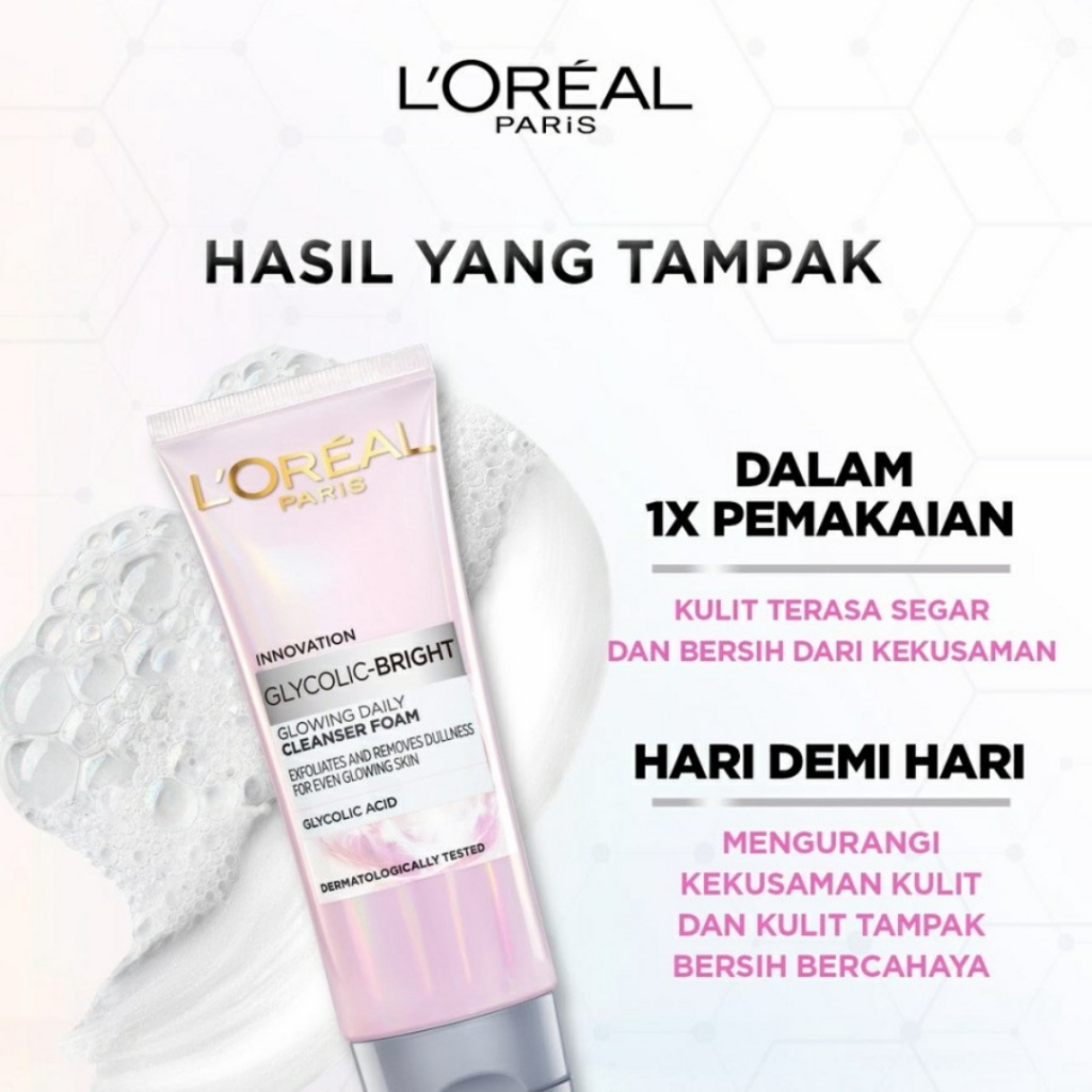 L'OREAL PARIS Glycolic Bright Instant Glowing (Glowing Daily Cleanser Foam 50ml &amp; 100ml, Instant Glowing Face Serum 15ml &amp; 30ml, Glowing Day Cream SPF17/18 15ml &amp; 50ml, Night Cream, Serum Mask Skincare Masker Wajah) Loreal