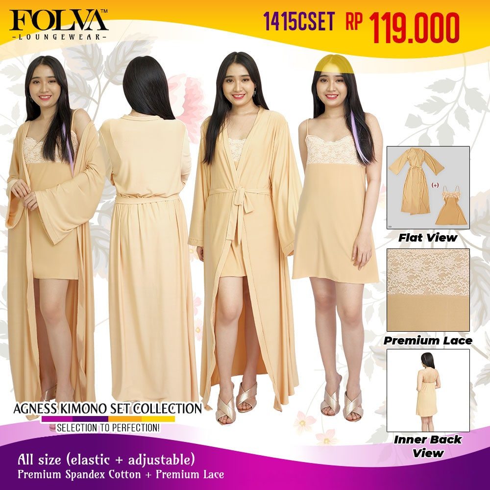 FOLVA kimono set baju tidur spandex 1415CSET cream all size