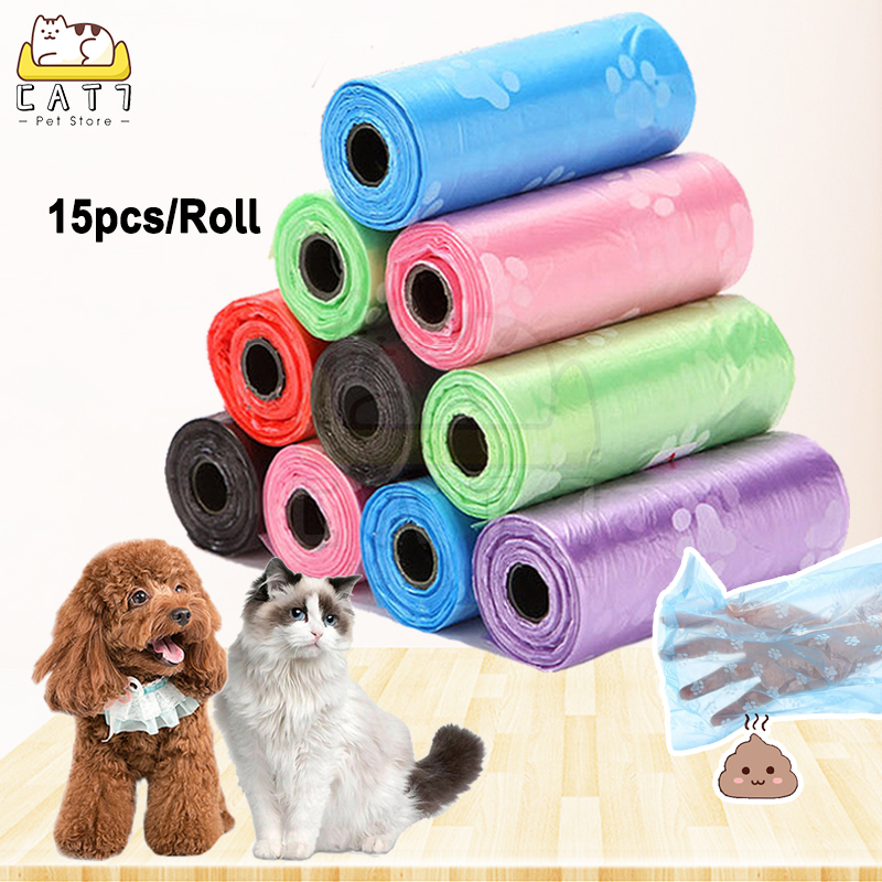 POOP BAGS Kantong Sampah Cakar Kucing Warna Warni 1 roll/15 pcs Persediaan Hewan Peliharaan