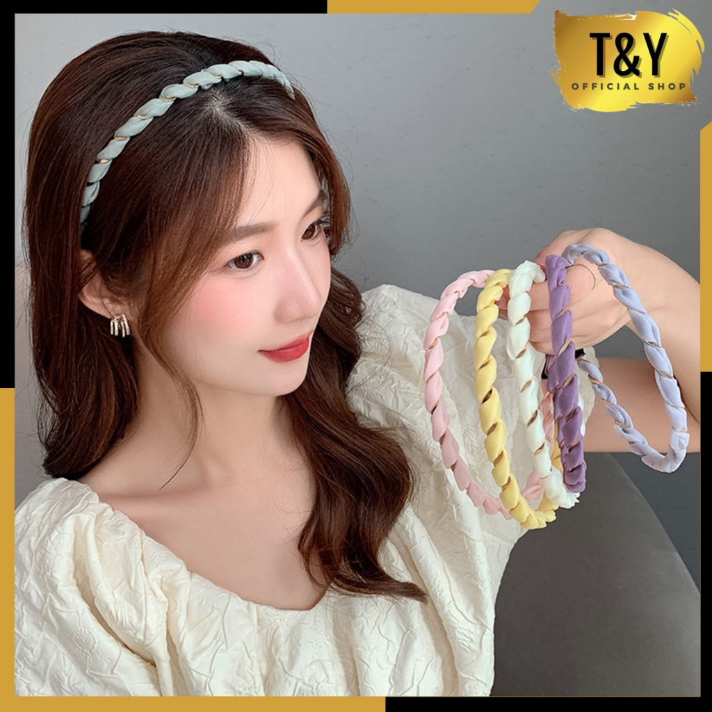 T&amp;Y Bando Wanita Satin Transparan Lilit Emas Bandana Korea Model Spiral Tali Kepang Headband Aksesoris Rambut Fashion Kekinian Cantik Import