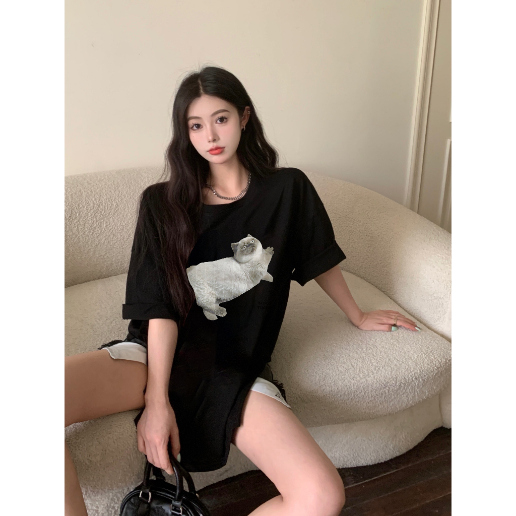 XiaoZhaiNv Kaos Atasan Oversize Wanita Cat Pattern Lengan Pendek A0798