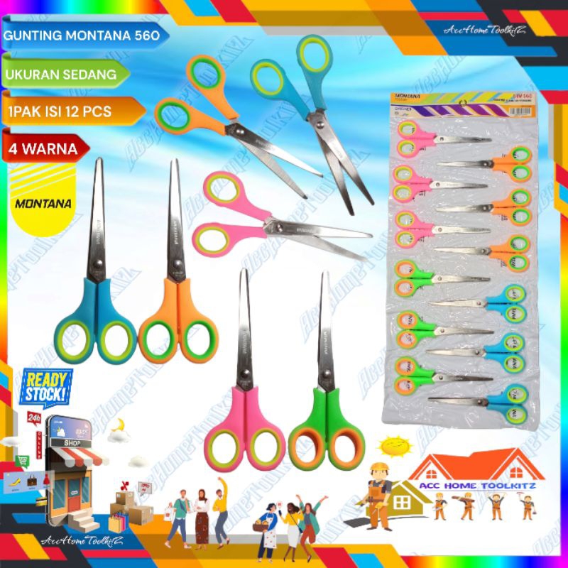 Gunting Kertas Sebaguna Scissors Original Gunting Warna Stainless Steel Renteng 12 pcs Ukuran Kecil GS-03 Sedang Tanggung 560 Besar 580 montana Jansen Rentengan 12pcs