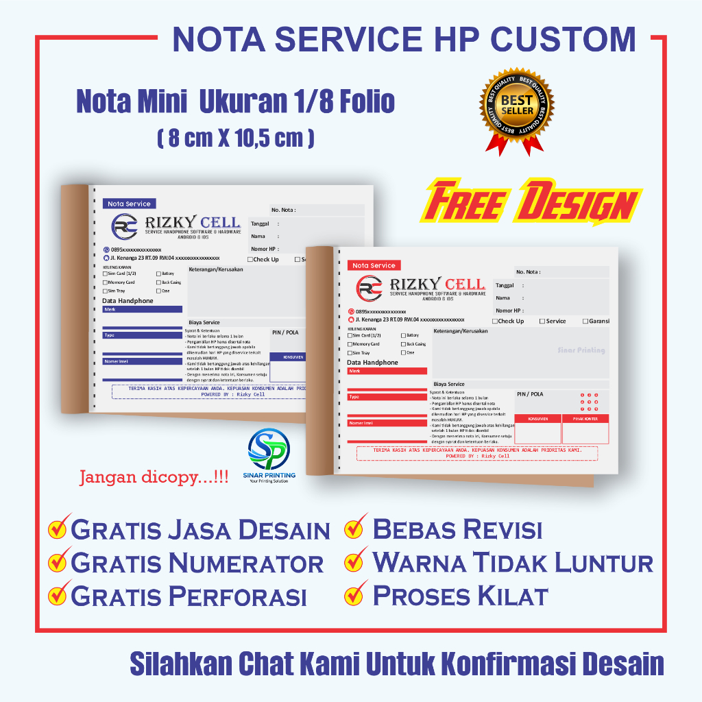 NOTA SERVIS HP CUSTOM UKURAN 1/8 FOLIO NOTA KONTER - NOTA SERVICE HP - NOTA CUSTOM PROSES CEPAT