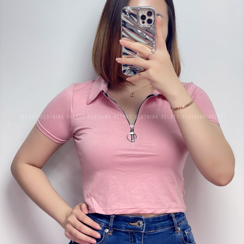 Crop Top Collar Zipper / Croptop Kerah sleting depan 3838
