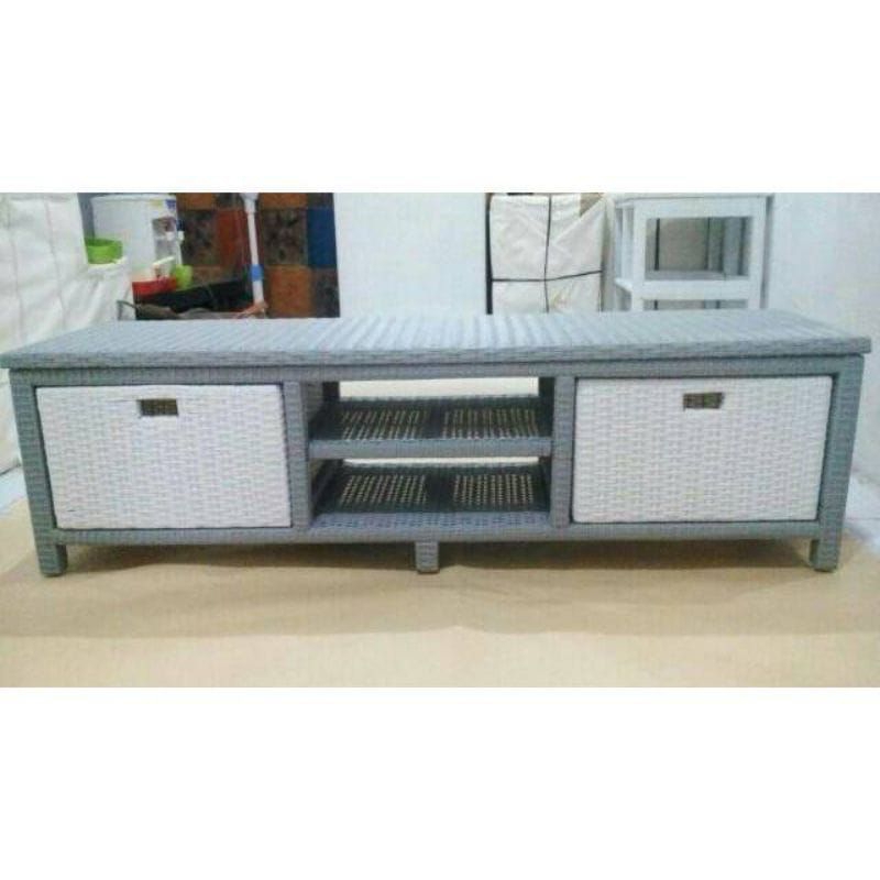 Lemari Laci 3 DVD JUMBO / Meja TV Rotan 2 Slot + Tempat VCD Anyaman Sintetis