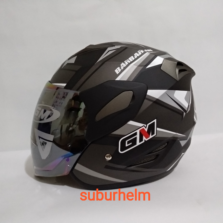 HELM  GM  FIGHTER  BARBARIAN  BLACK  SILVER DOFF  DAN GLOSSY   HALF FACE  SINGLE VISOR
