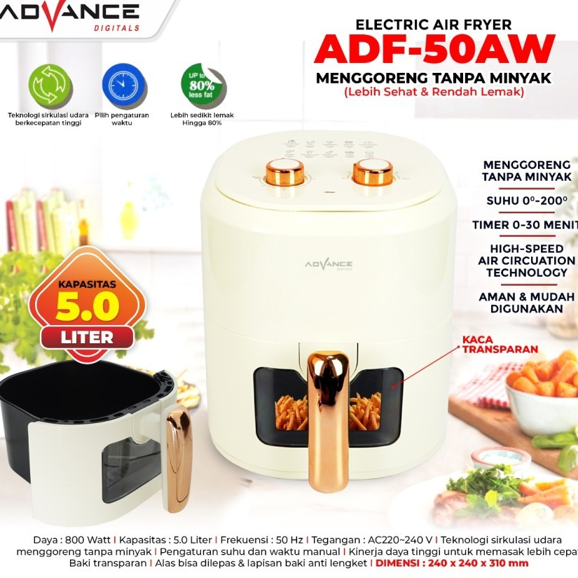 Advance Electric Air Fryer ADF-50AW Transparan Glass 800 Watt Garansi