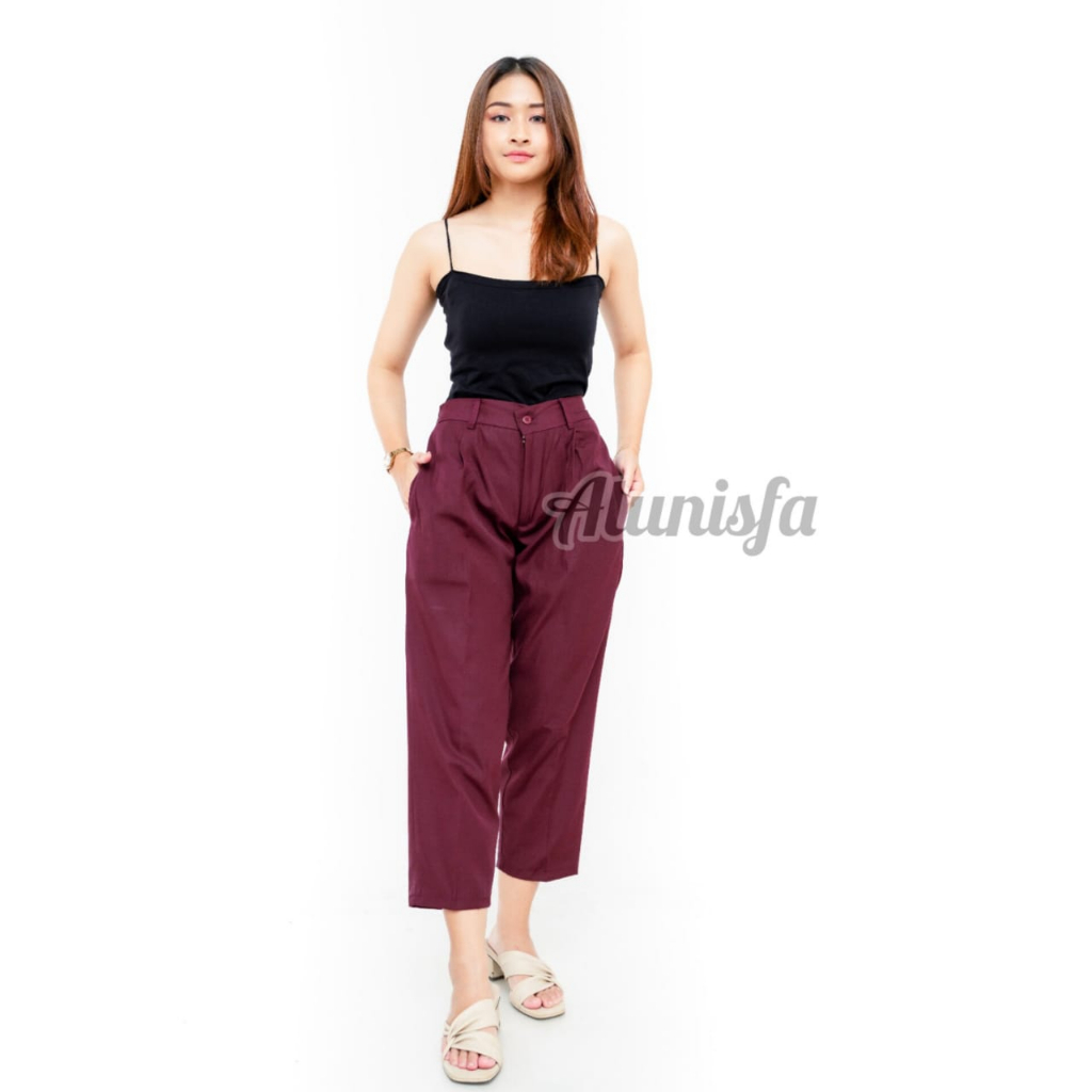 Baggy Pants Street Saku Depan Belakang Kancing Highwaist Wanita Loose Cullote Pants Panjang Celana Kerja Kantor