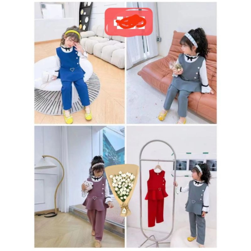 SETELAN ANAK PEREMPUAN KEMEJA VEST 3 IN 1 IMPORT USIA 2 3 4 5 TAHUN