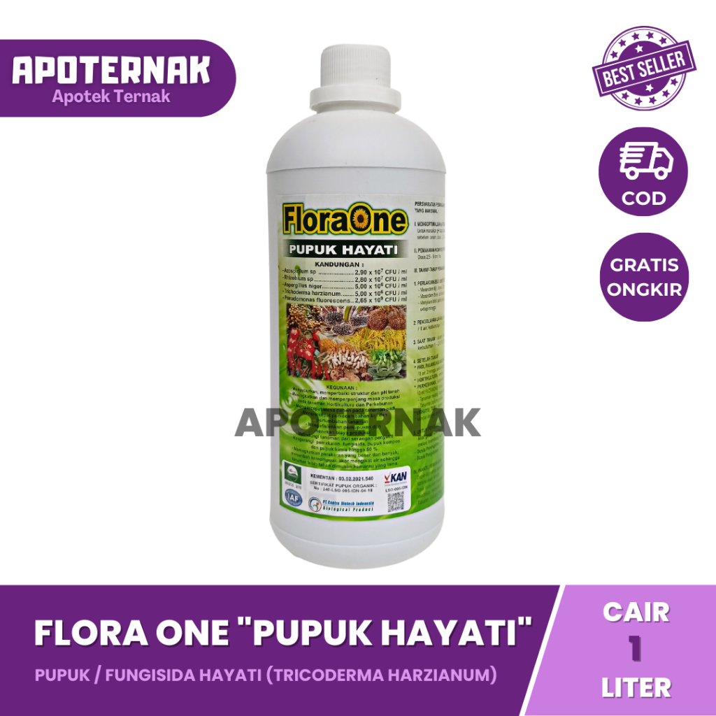 PUPUK FLORA ONE Cair 1 Liter | Pupuk Hayati Tricoderma Cair Atasi Busuk Akar dan Buah | Fungisida Hayati Trichoderma Layu Fusarium Cabe Keriting | FLORAONE