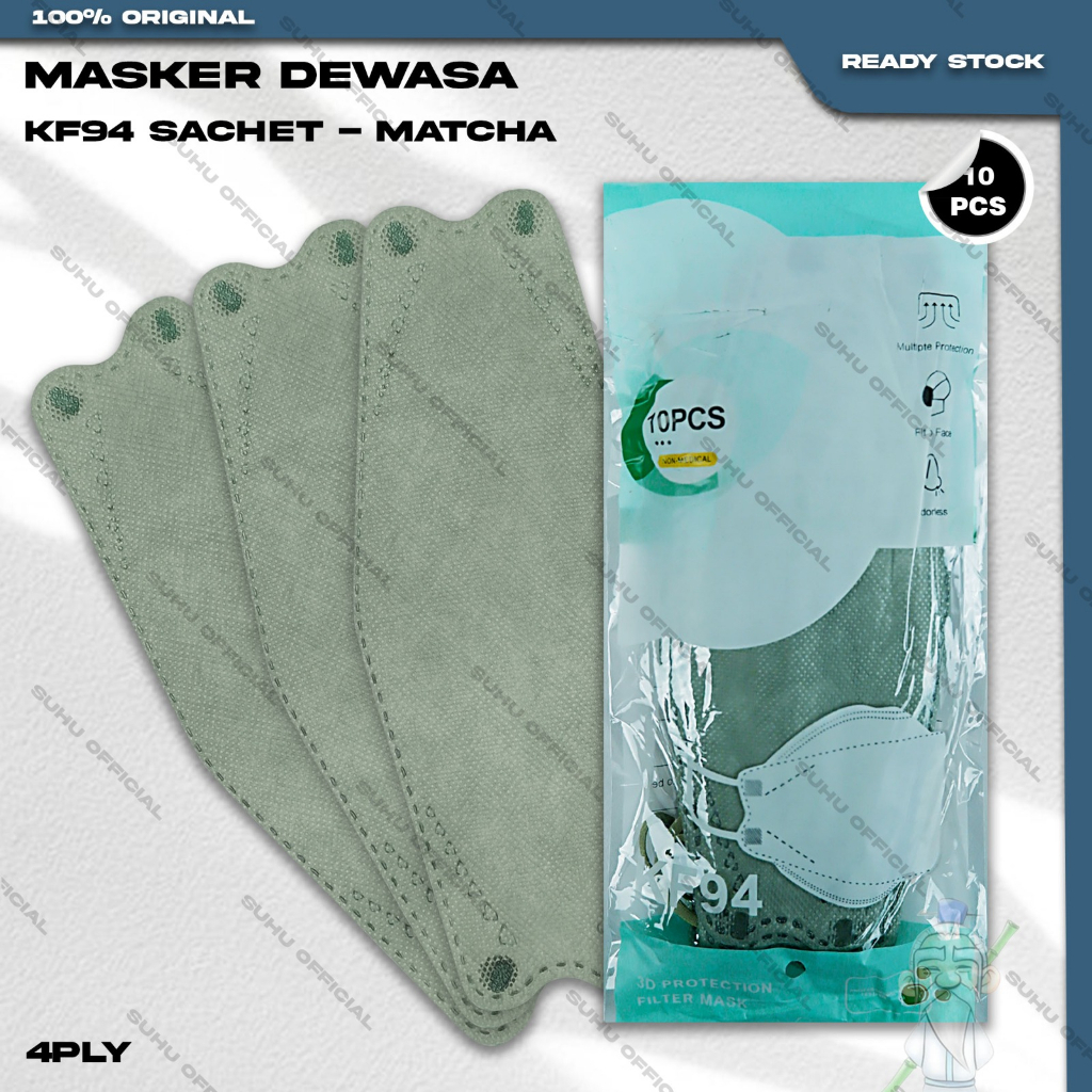 Masker KF94 SACHET 4Ply isi 10Pcs Warna Matcha Green KF 94 4 Ply Earloop Surgical Mask Kemenkes