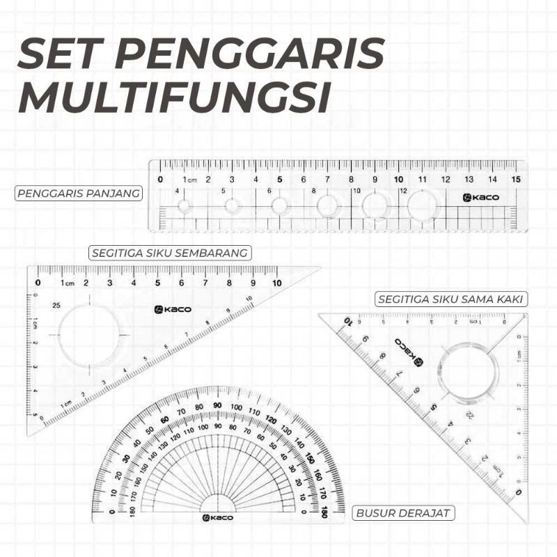 KACO Right Choice Set Penggaris Ruler Set 4 Pcs - K1427 Busur Segitiga Lingkaran Garisan