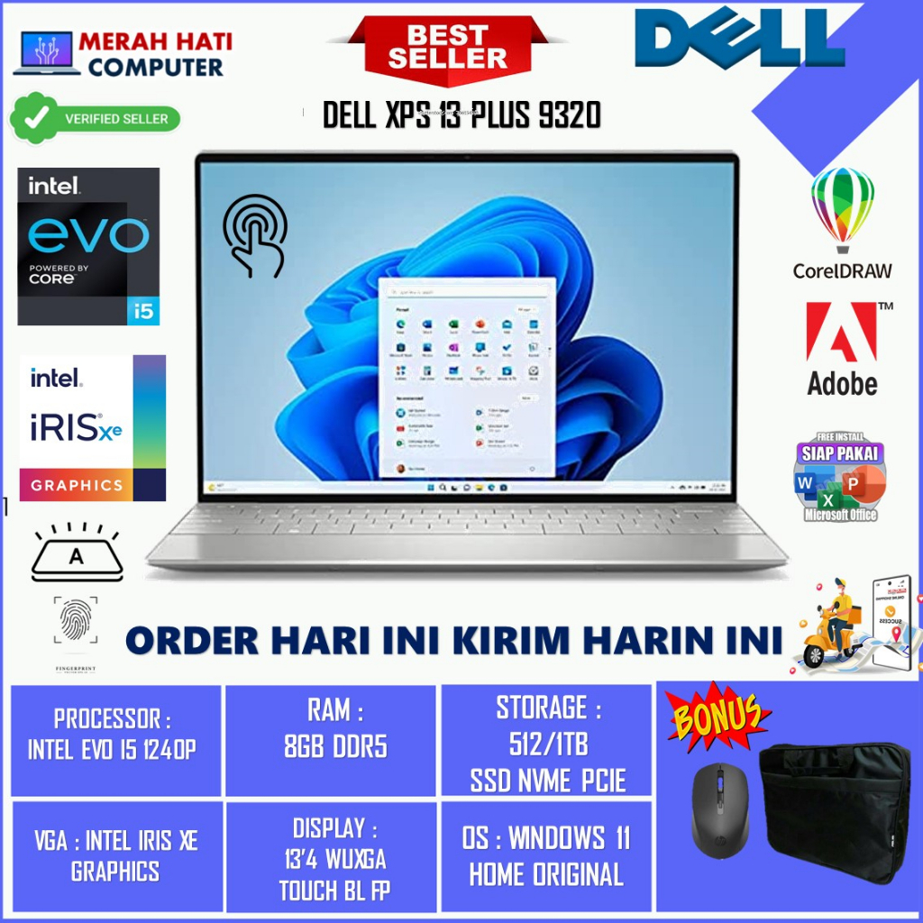 LAPTOP SLIM TIPIS DELL XPS 13 PLUS 9320 INTEL i7 1260P 16GB DDR5 512GB IRIS XE WUXGA TOUCHSCREEN BL FP WIN11HOME SILVER ORIGINAL