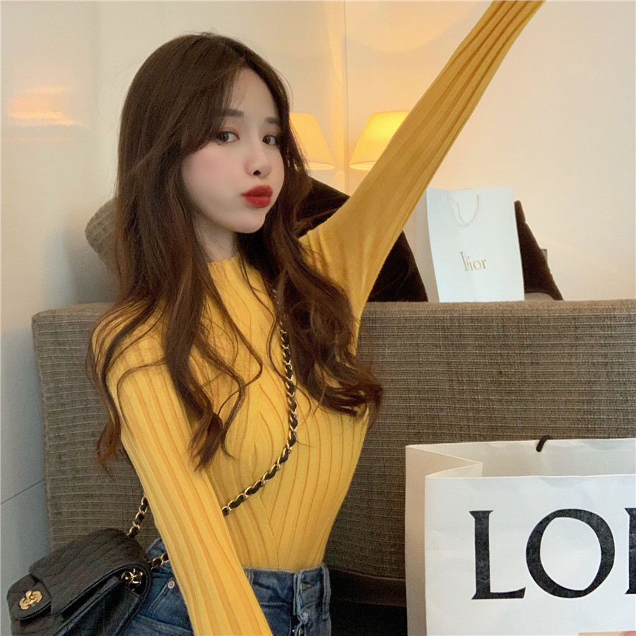 【Elegant】Knitted  Half High Collar Long Sleeved  Sweater 7553