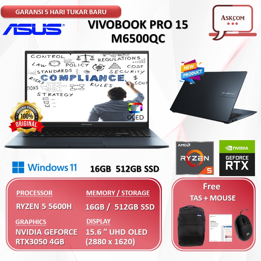 Laptop Asus VivoBook Pro 15 M6500QC OLEDS551 RTX3050 4GB RYZEN 5 5600H 16GB 512SSD W11 OHS2021 15.6 2.8K OLED 120HZ