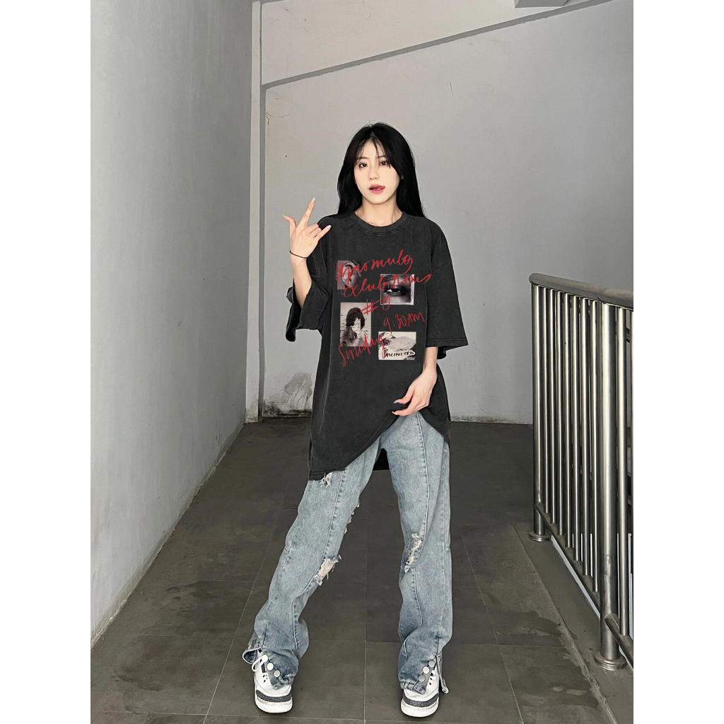 EUNII T-shirt Lengan Pendek Black Washed Vintage CD Printing Korean Style/Kaos Atasan Wanita/Baju Wanita