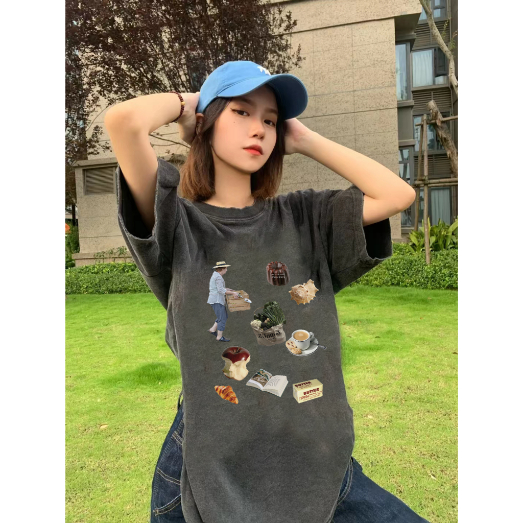 EUNII T-shirt Lengan Pendek Black Washed Country Lifestyle Printing Korean Style/Kaos Atasan Wanita/Baju Wanita