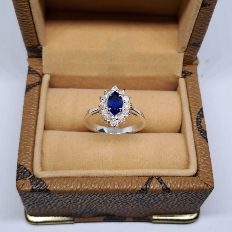 Cincin Perak Wanita Berlian Asli | Batu Blue Safir