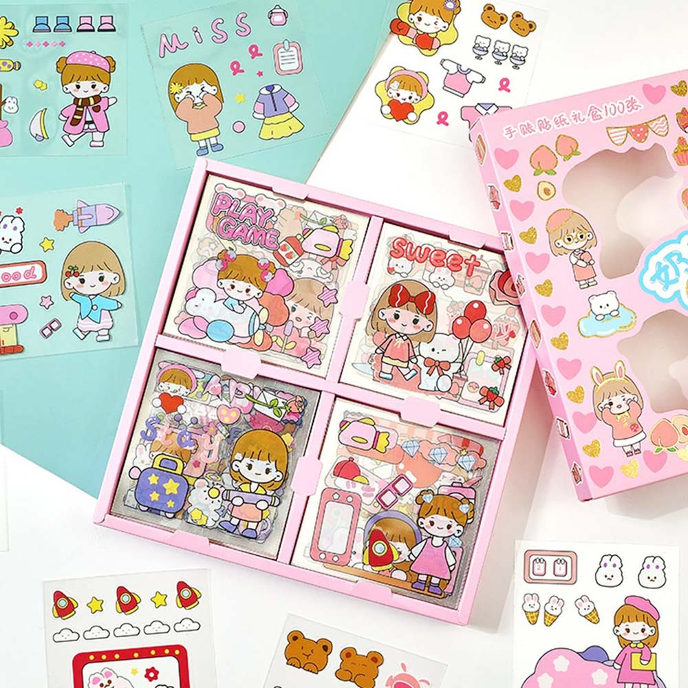 100 Lembar Stiker Motif Kartun Korea Box PVC Anti Air Sticker Decorasi