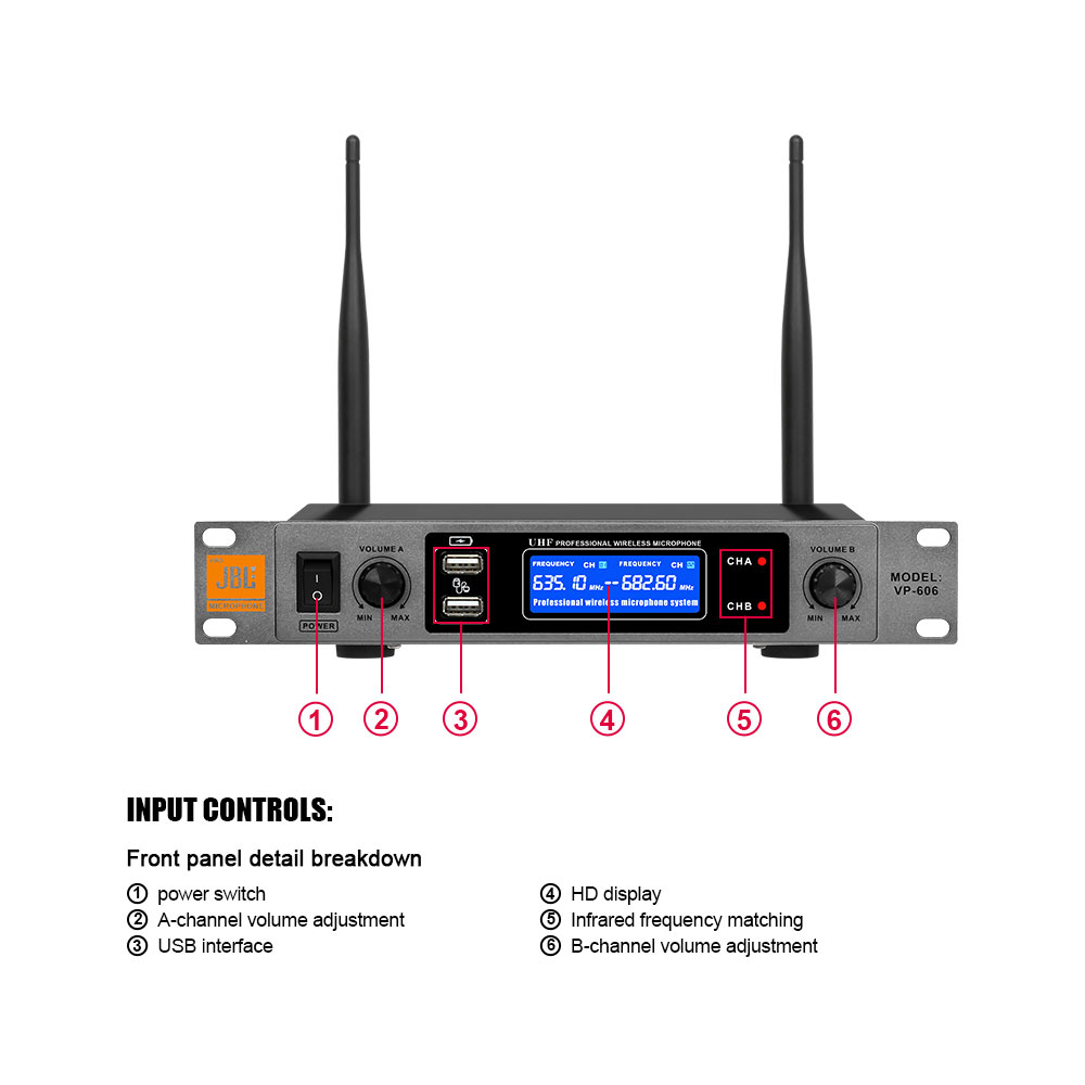 VP-606 Professional 2-channel Wireless Microphone UHF Receiver dengan port USB dengan MIC nirkabel asli yang dapat diisi ulang