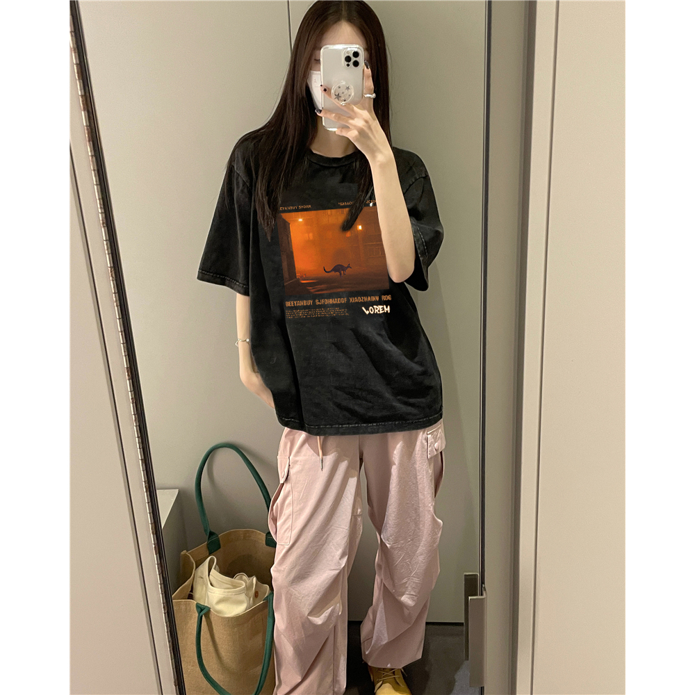 XiaoZhaiNv Kaos Atasan Oversize Wanita Orange Landscape Pattern Lengan Pendek A0865